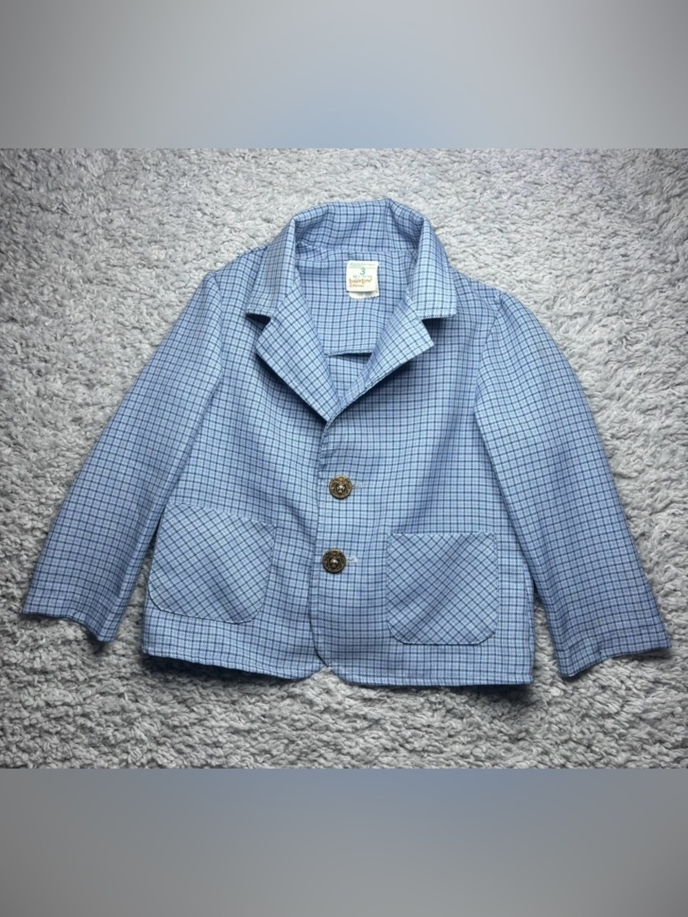 VINTAGE TODDLER TIME BLAZER Boys 3T 1970s Jacket Plaid Light Blue Micro Check